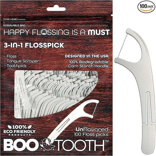 World’s First Eco-Friendly 3-in-1 Dental Floss Pick – Thin Flosser with Foldable Toothpick & Tongue Scraper – 100 Count, Biodegradable, Unflavored 100 Picks