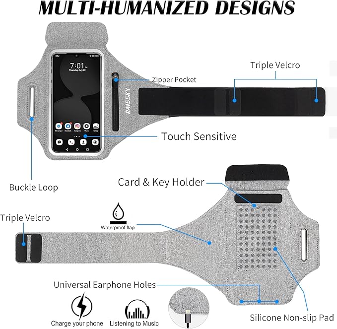 Running Armband with Earphone Bag Cell Phone Armband for iPhone 16 15 Pro 14 Plus 13 11 XR XS, Galaxy S24/S10 Water Resistant Sports Phone Holder Case & Zipper Slot Car Key Holder for 6.7 inch Phone-StrideForce Fitness