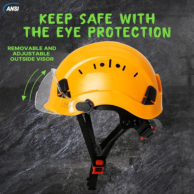 AOLAMEGS Construction Yellow Hard Hats - ANSI Z89.1 Class C Approved Adjustable Vented Hard Hat with Clear Visor for Men Women 6-Point Suspension ABS Safety Helmet for Outdoor Height Work-StrideForce Fitness