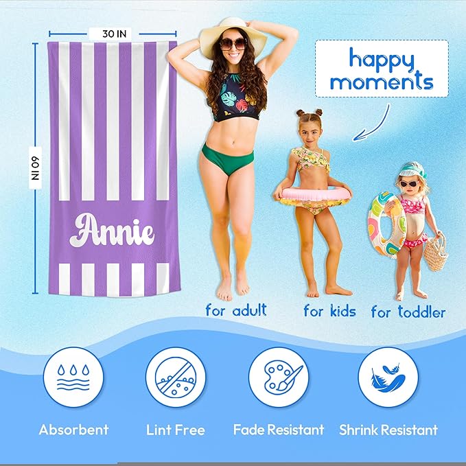 JML Personalized Beach Towel with Name, Custom Cabana Stripe Beach Towel, Customized Microfiber Pool Towel, Quick Dry & Absorbent Swim Towel for Adult,Mother's Day, Birthday, Summer Holiday,Vacation-StrideForce Fitness