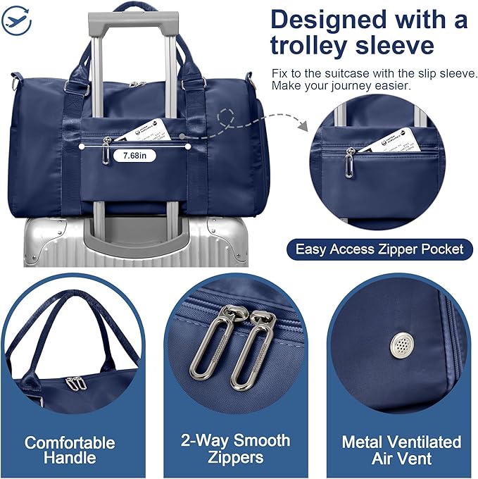 FIORETTO Womens Gym Tote Duffle Bag with Wet Pocket & Shoe Compartment, Sports Duffel Overnight Weekender Hospital Workout Carry on Bag for Girls, Ideal for Travel, Swimming, Dance, Ballet Navy Blue-StrideForce Fitness