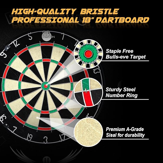 Bristle Dart Board Set, Professional Dart Board 18" with 6pcs 18g Darts Outdoor Dartboard Set, Compressed Sisal Metal Wire Board with Rotating Number Ring-StrideForce Fitness