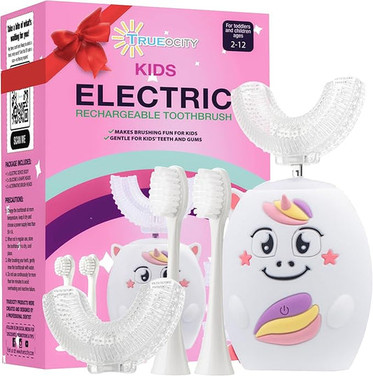 Trueocity Kids U Shape Toothbrush Auto Electric Toddler Rechargeable Kids Automatic Toothbrush | 360° U-Shaped Silicone Brush Head | Gentle Cleaning for Ages 2–7 | Unicorn Design (Pink)