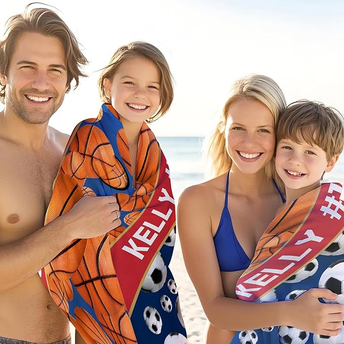 Personalized Beach Towel With Name, Custom Beach Towel with Text, Customized Basketball Football Microfiber Pool Towel, Quick Dry & Absorbent Swim Towel for Adult,Anniversary, Birthday, Summer Holiday-StrideForce Fitness