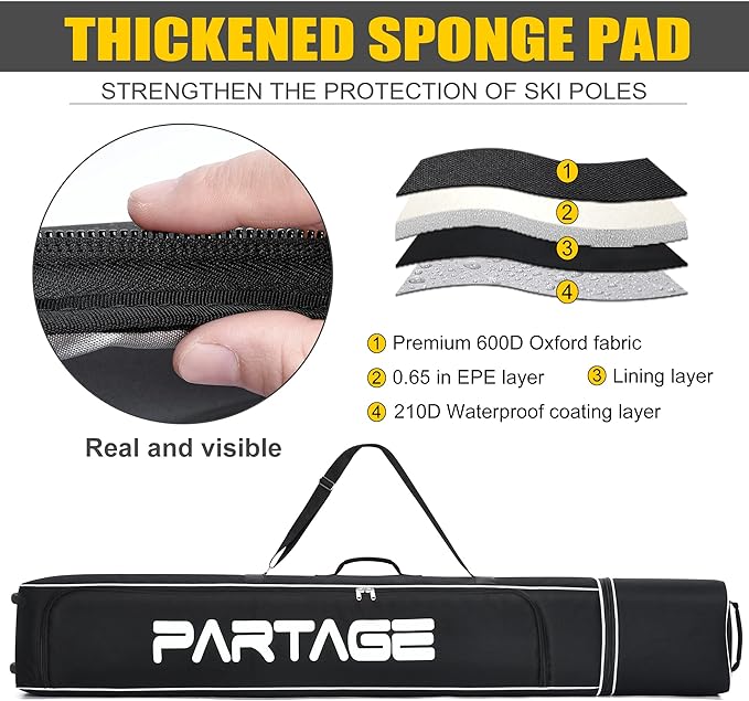 Partage Ski Bag - Ski Bag with Wheels Waterproof Ski Travel Bag Ski Boot Bag 600D Heavy Duty Oxford Fabric - Adjustable Length Up to 200cm Easy to Store and Transport Suitable for Men Women-StrideForce Fitness