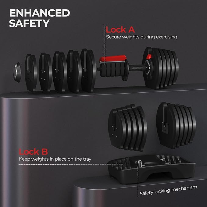Yaheetech Adjustable Dumbbell Set 28/40/52.5/90LBS Adjustable Dumbbells Fast Adjust Dumbbell Weight Set with Anti-Slip Handle and Tray for Men/Women Home Gym Strength Training Equipment Single/Pair-StrideForce Fitness