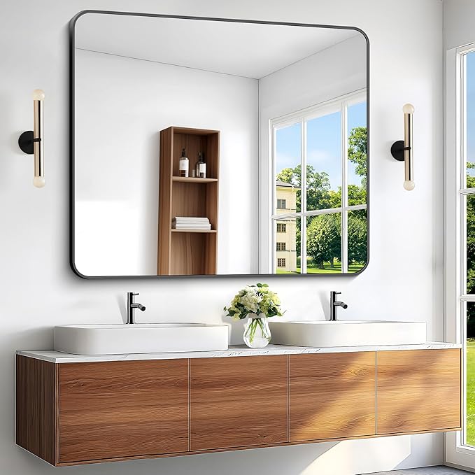 Black Bathroom Mirror,40x48 inch Wall Mirror for Bathroom Wall Mounted,Rectangle Mirror for Bathroom Over Sink,Modern Frame Round Corner for Living Room,Bedroom Entryway,Horizontal/Vertical-StrideForce Fitness