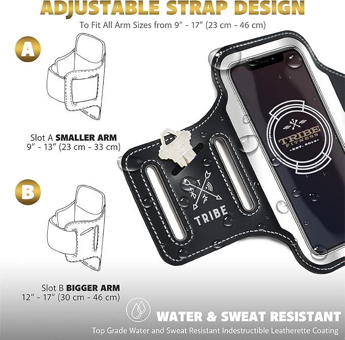 TRIBE Running Phone Holder Armband. iPhone & Galaxy Cell Phone Sports Arm Bands for Women, Men, Runners, Jogging, Walking, Exercise & Gym Workout. Fits All Smartphones. Adjustable Strap, CC/Key Pocket-StrideForce Fitness