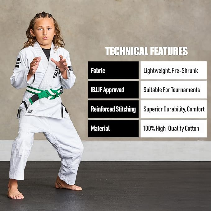 Elite Sports Kids Brazilian Jiu Jitsu Belts Preshurunk Martial Arts Youth BJJ Belts for Girls & Boys with BJJ Ranking Stripes-StrideForce Fitness