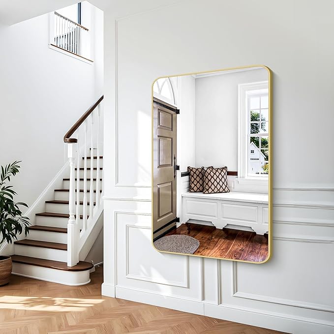 Gold Bathroom Mirror,55x36 inch Wall Mirror for Bathroom Wall Mounted,Round Rectangle Mirror for Bathroom Over Sink,Modern Frame for Home Decor Living Room,Bedroom Entryway,Horizontal/Vertical-StrideForce Fitness