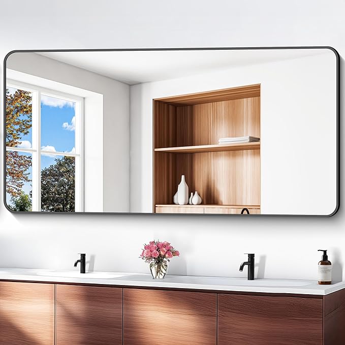 72x36 inch Large Bathroom Mirror,Black Rectangle Mirror,Wall Mounted Bathroom Frame Vanity Mirror with Round Corner for Bedroom Living Room,Entryway Hangs Horizontal or Vertical-StrideForce Fitness