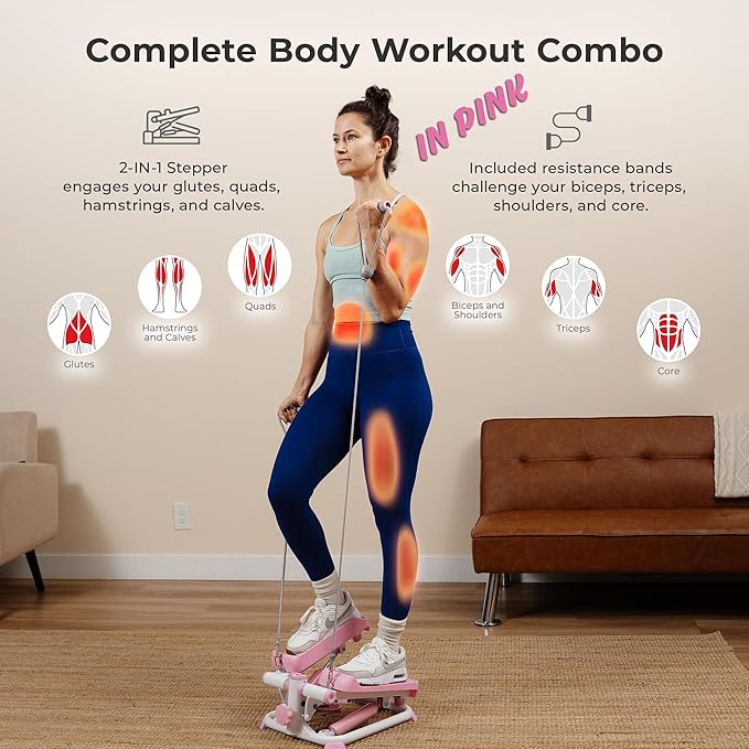Sunny Health & Fitness Mini Stepper for Exercise at Home, Stair Step Workout Machine with Resistance Band and Over 300lb Weight Capacity, Optional Twist Motion and Free SunnyFit App Connection-StrideForce Fitness