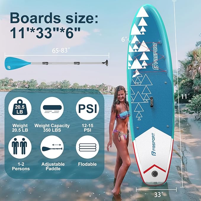 FBSPORT 11' Premium Stand Up Paddle Board, Yoga Board with Durable SUP Accessories & Carry Bag | Wide Stance, Surf Control, Non-Slip Deck, Leash, Paddle and Pump for Youth & Adult-StrideForce Fitness