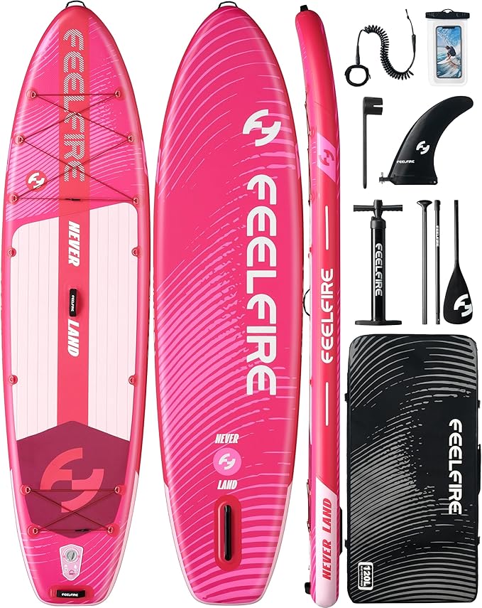 Feelfire11'x34” Extra Wide Inflatable Paddleboard, Stand-up Paddle Board for Adults, 420lb Capacity for Yoga/Fishing/Family, EVA Deck, US Fin, High-Pressure Pump, Storage Backpack, Safety Leash-StrideForce Fitness
