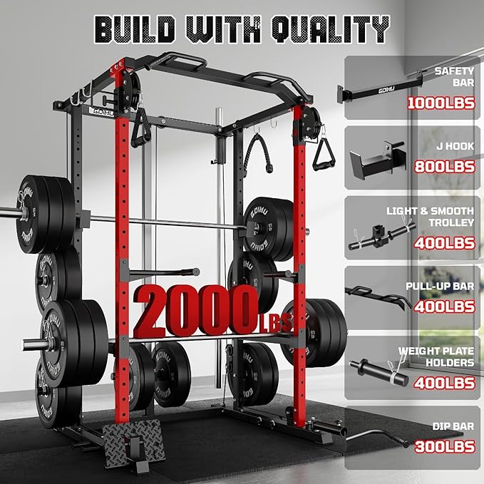 R1-V4 Power Cage Rack, 2000LB Squat Rack with Cable Crossover System, Multi-Function Weight Cage, Home Gym Workout Machine with More Training Attachments-StrideForce Fitness