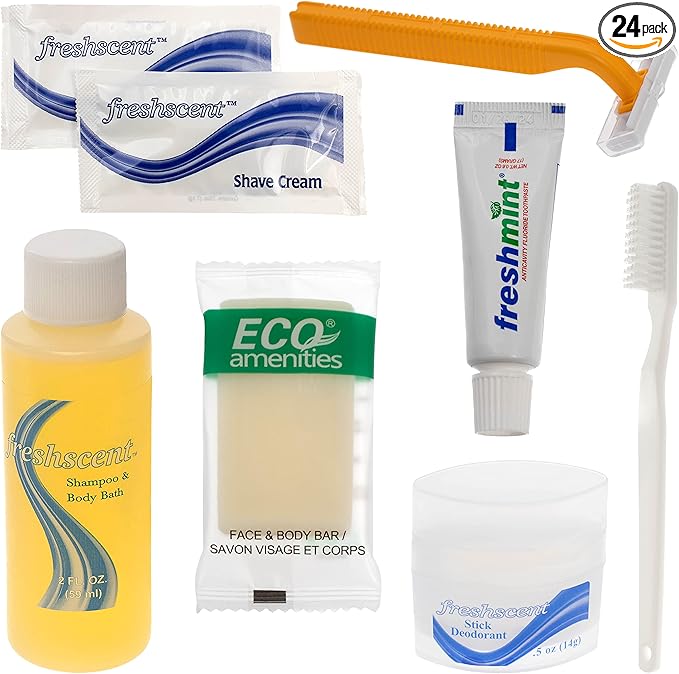 Moda West 24 Kits - Bulk Case of Wholesale Adult Basic Toiletries for Men, Women, Travel, Charity, Homeless Shelters, Cotton/Polyester Blend, Shampoo, Deodorant, Toothpaste, 24 Pre-Packaged Kits