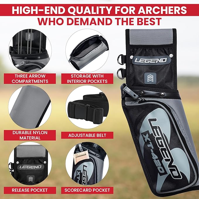 Legend XT420 Field Quiver - Left or Right-Handed Quiver Arrow Holder, Archery Quiver with 3 Arrow Tube, Durable Nylon Hip Quivers with Multiple Pockets for Archery Accessories, Score Card & Tools-StrideForce Fitness