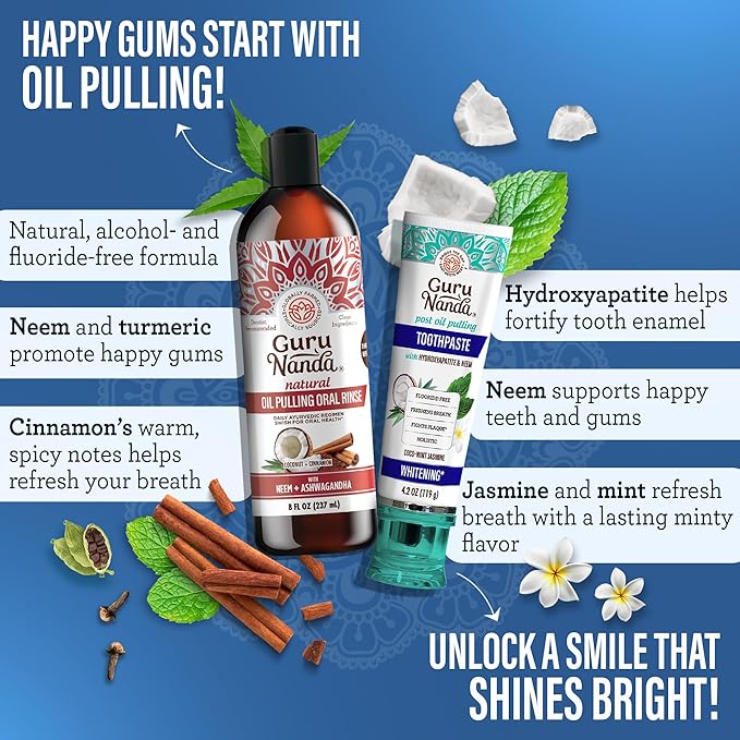 GuruNanda Gum Hygiene Makeover Kit with Ashwagandha & Cocomint (Travel Size) Oil Pulling, Neem Toothpaste, Breath Harmonizer Mouthwash, 2-in-1 Floss Picks & Whitening Toothbrushes