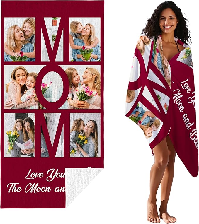 JML Mothers Day Birthday Gifts for Mom from Daughter Son, Personalized Beach Towel with Photo, Custom Beach Towel Gift for Mommy, Grandma, Women, Wife Anniversary Family Day, Summer, Holiday-StrideForce Fitness