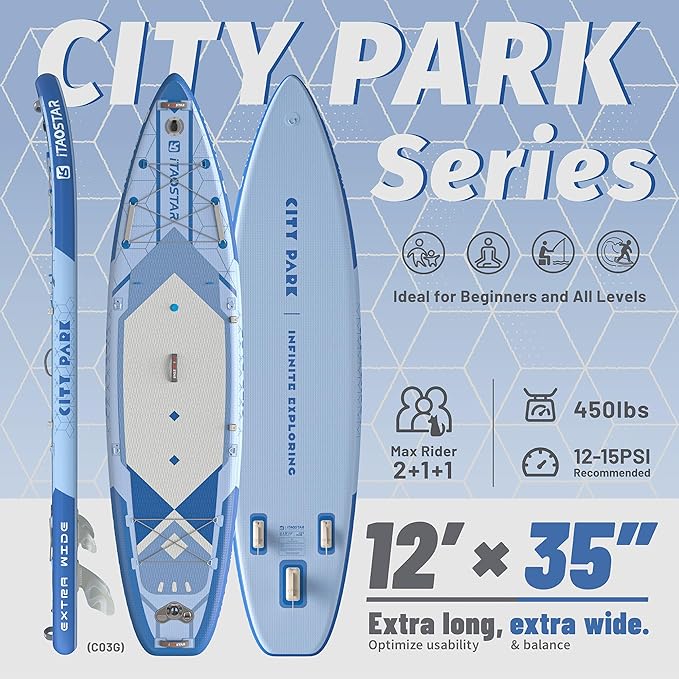 City Park 12'×35" Extra Wide Paddle Board with Seat, One-Stop Premium SUP Board Gears, Tailored 5 Fins, Stable Inflatable Stand Up Paddle Boards for Youth/Adults of All Levels-StrideForce Fitness