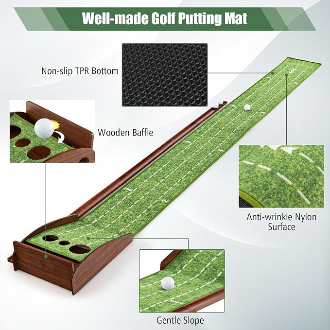 Tangkula 10 FT Golf Putting Green, 2/3-Hole Golf Putting Practice Mat with Auto Ball Return for Indoors & Outdoors, Alignment Guides & 3 Golf Balls, Mini Golf Game for Home and Office-StrideForce Fitness