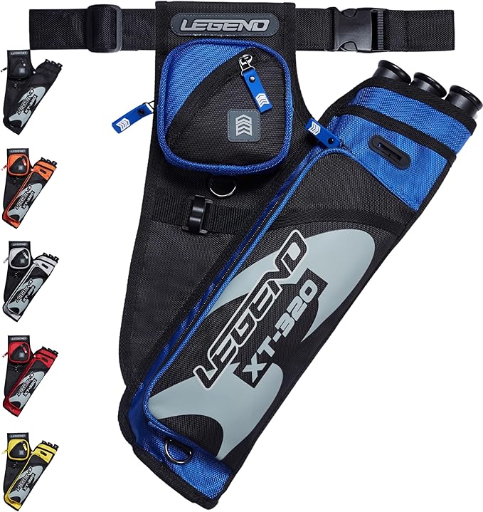 LEGEND XT320 Archery Quivers - Nylon Hip Quivers with 3 Arrow Tube Cases for Target Shooting - Adjustable Waist Belt, T-Slot, Storage Compartments for Accessories, Gear, Tools, Release Tab, Score Card-StrideForce Fitness