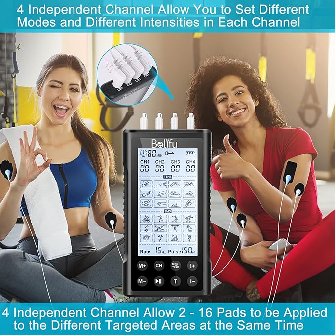 Belifu 4 Independent Channel TENS EMS Unit, 24 Modes,30 Level Intensity Muscle Stimulator Machine, Rechargeable Electric Pulse Massager with 10 Pads&5 Set Leads Wires, for Pain Relief Therapy(Black)-StrideForce Fitness