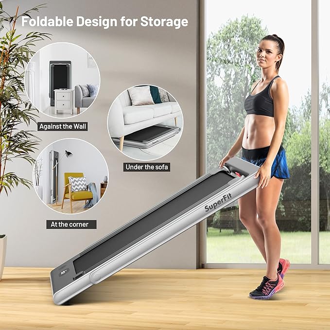 GYMAX Walking Pad, Dual LED Display 2 in 1 Under Desk Treadmill for Home with Remote & Smart App Control, 2.25HP Foldable Portable Treadmill Running Machine for Office Small Space-StrideForce Fitness