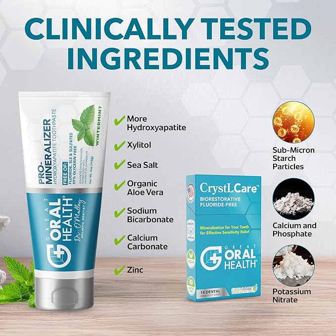 Tooth Sensitivity Treatment Bundle: Remineralizing Nano Hydroxyapatite Toothpaste Fluoride Free & CrystLCare Biorestorative Sensitive Teeth Dental Strips for Enamel Remineralization and Lasting Relief
