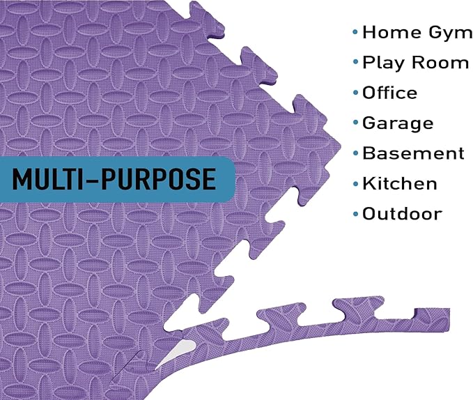 AIRHOP Upgraded 0.79" Extra Thick 48 Sq Ft High-Density Eva Foam Exercise Gym Mats, 12 Pcs Large Interlocking Puzzle Floor Tiles (24"x24") for Home Gym, Black&Purple-StrideForce Fitness