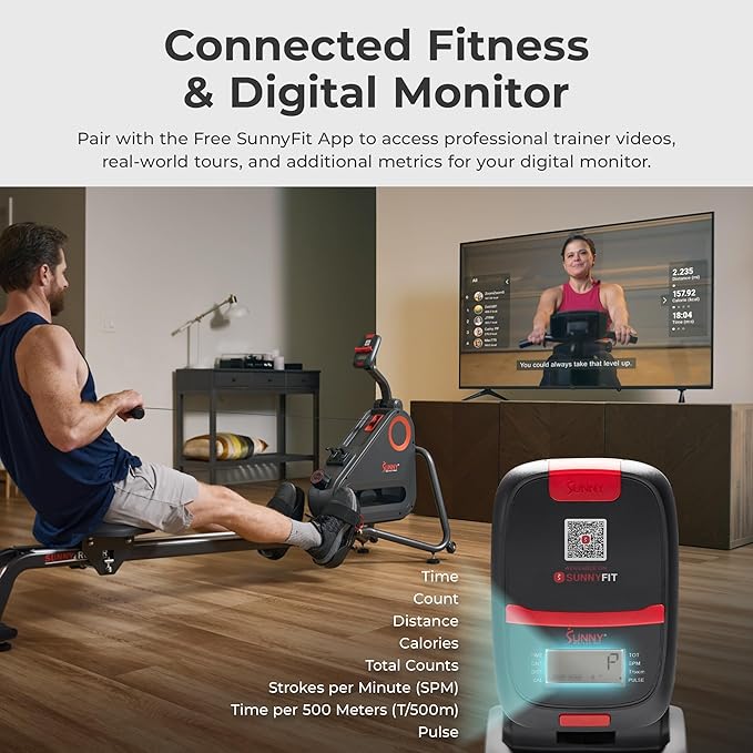 Sunny Health & Fitness Magnetic Rowing Machine for Home Exercise, Quiet & Smooth Rower with Compact Storage and Optional Free SunnyFit App Connectivity-StrideForce Fitness