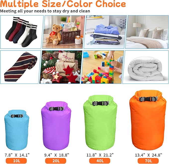 Desoto Waterproof Dry Bag 2 packs, 2L/5L/10L/20L/40L/70L Dry Sack Lightweight Portable, Dry Storage Bag to Keep Gear Dry Clean for Kayaking, Gym, Hiking, Swimming, Camping-StrideForce Fitness