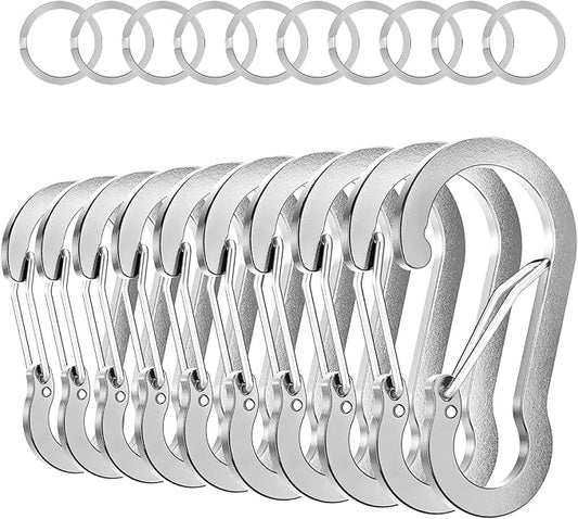 sprookber 3.2 Inch Aluminum Carabiner Clips D Ring, Caribeaner Spring Snap Hook with Keychain for Camping, Hiking, Gym & Outdoor Gear, Set of 10-StrideForce Fitness