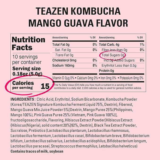 TEAZEN Mango Guava Kombucha Tea, Hydration Drink Mix, Sugar Free, Live Probiotics & Prebiotics, 10 Sticks, 1.76oz-StrideForce Fitness