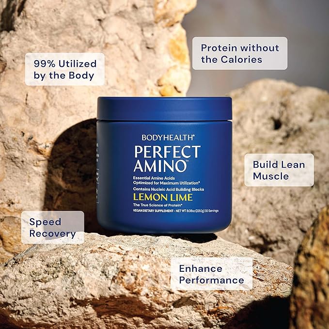 BodyHealth PerfectAmino Powder - BCAA and EAA Powder for Pre and Post Workout - Amino Acid Energy Drink for Men and Women to Support Lean Muscle and Recovery - Lemon Lime - 60 Servings-StrideForce Fitness