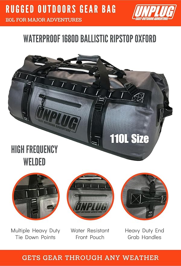 UNPLUG Ultimate Adventure Bag | 1680D Heavy Duty Waterproof Bag | Large Travel Duffle Bag which can be Used for Camping, Motorcycling, Boating, or Hunting-StrideForce Fitness