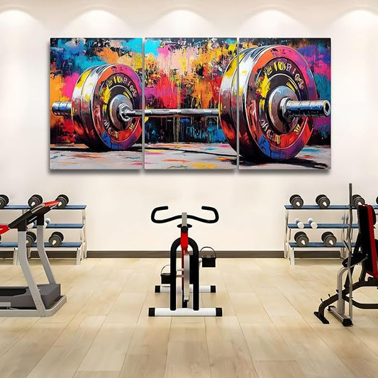 sawjug Gym Barbell Wall Decor, Colorful Graffiti Canvas Wall Art, Gym Motivational Wall Art, Colorful Pictures Wall Decor, Wall Painting for Living Room, Bedroom (12" x 18" x 3 pcs)-StrideForce Fitness
