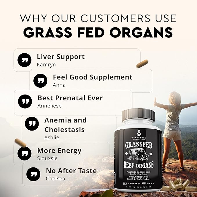 Ancestral Supplements Grass Fed Beef Organ Supplement, Supports Whole Body Wellness with Proprietary Blend of Liver, Heart, Kidney, Pancreas, Spleen, Freeze-Dried Beef, Non-GMO, 180 Capsules-StrideForce Fitness