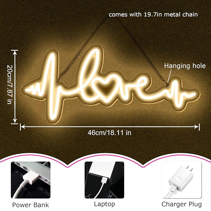 Love Neon Signs LED Heartbeat Shape Night Lights Sign for Wall Decor USB Power Swith Light up Sign for Man Cave Home Room Christmas Club Valentines' Day 5v (18.11"X7.87")-StrideForce Fitness