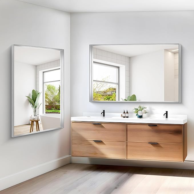 Silver Bathroom Mirror, 36x55 Inch Rectangular Deep Frame Mirror, Large Wall Mounted Bathroom Vanity Mirror Over Sink for Bedroom,Restroom, Living Room, Hangs Vertically or Horizontally-StrideForce Fitness