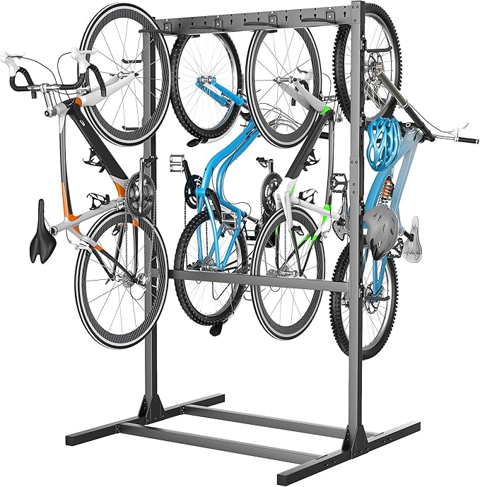 EVERHANGER Freestanding Bike Stand Rack with Adjustable Hooks, Vertical Bike Stand for Garage, Bicycle Storage Organizer, Holds Up to 7 Bikes & 7 Helmets-StrideForce Fitness
