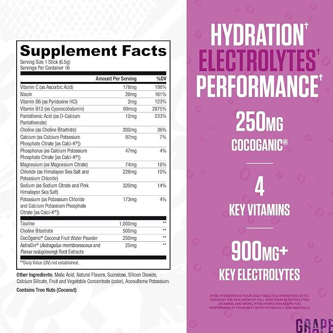 RYSE Hydration Electrolyte Powder Drink Mix Packets - Kool-Aid Grape - Sugar-Free Full Spectrum Electrolytes with Essential Vitamins, Taurine and Choline for Rehydration - 16 Serving Sticks-StrideForce Fitness