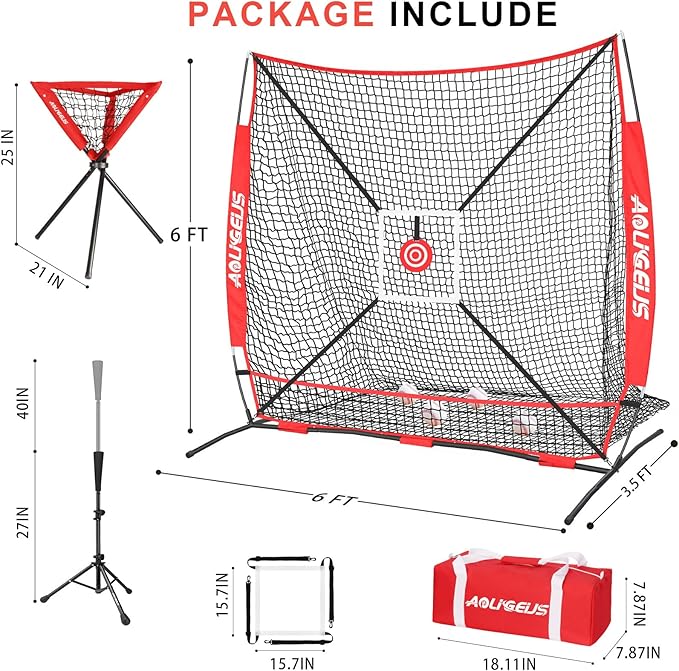 6'X6' Baseball Softball Practice Net with Batting Tee and Ball Caddy, Bonus Strike Zone Target and Bow Frame, for Hitting, Pitching, Catching-StrideForce Fitness