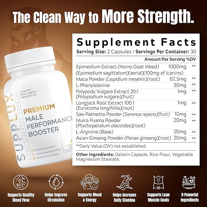 Premium Male Performance Booster - Horny Goat Weed + 8 Ingredients | Pills for Men Fast Acting Blood-Flow, Muscle Building, Energy | 3rd Party Tested Supplement - 60 Pills for Adults-StrideForce Fitness