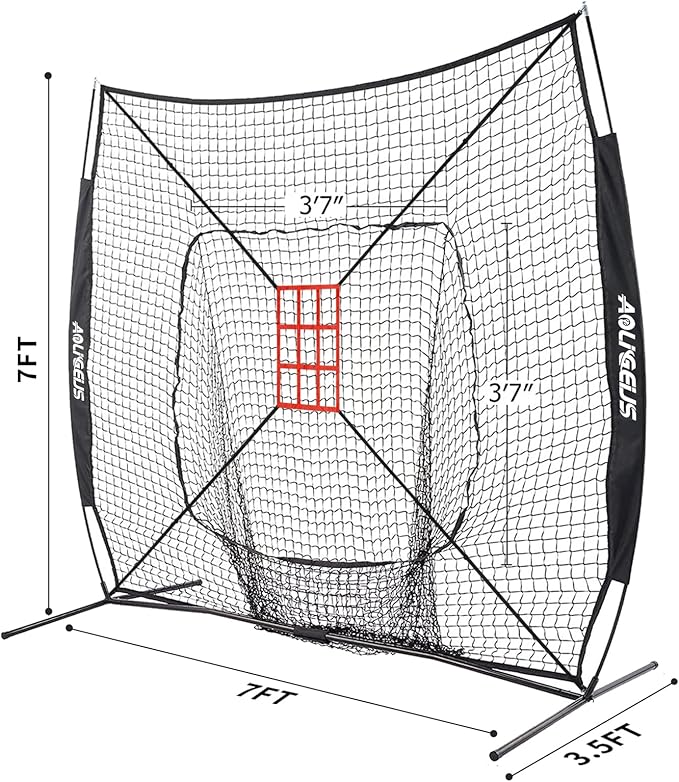 7'X7' Baseball Softball Practice Net,Pitching Net,Batting Net,with Baseball Tee,Bonus Strike Zone and Bow Frame,for Hitting,Pitching, Catching-StrideForce Fitness