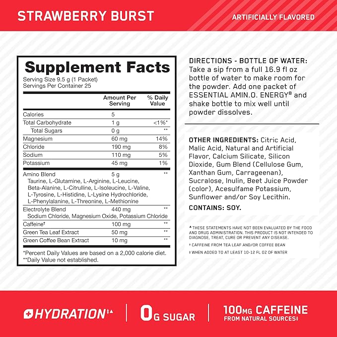 Optimum Nutrition Amino Energy Plus Hydration Packets, On-The-Go Energy Powder Stick Packs, Strawberry Burst, 25 Count-StrideForce Fitness