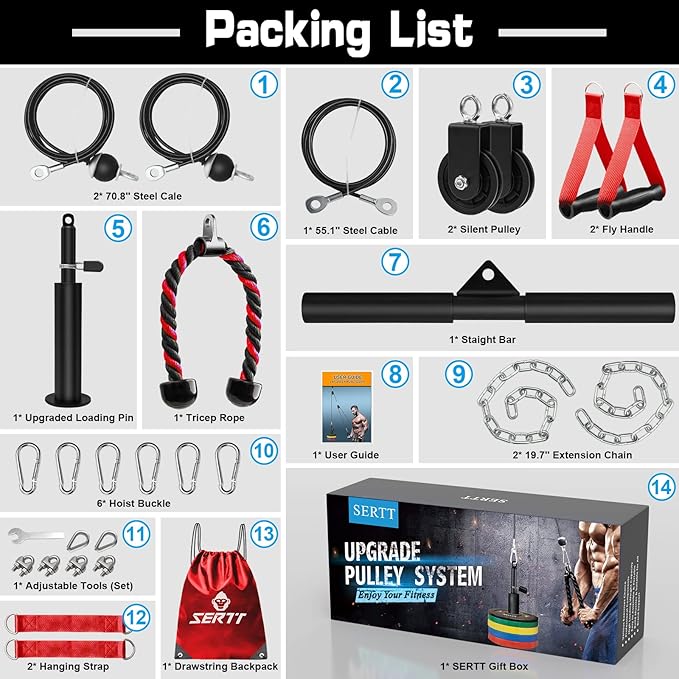 SERTT Weight Cable Pulley System Gym, Upgraded Cable Pulley Attachments for LAT Pull Down, Biceps Curl, Tricep, Arm Workouts - Home Gym Add On Equipment-StrideForce Fitness