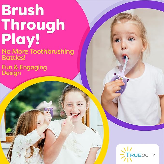 Trueocity Kids U Shape Toothbrush Auto Electric Toddler Rechargeable Kids Automatic Toothbrush | 360° U-Shaped Silicone Brush Head | Gentle Cleaning for Ages 2–7 | Unicorn Design (Purple)