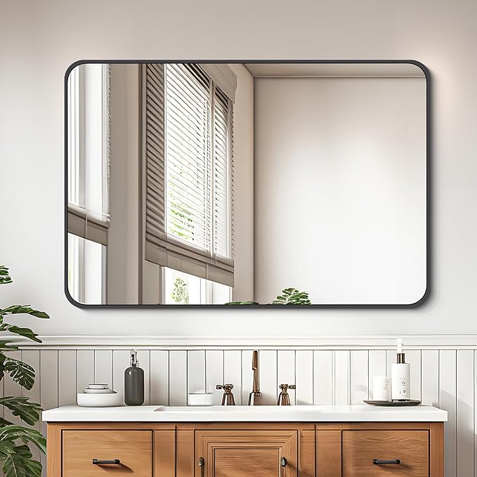 FORBATH Black Bathroom Mirror, Rectangular Vanity Mirror 26" X 38" Wall Mounted Rounded Corner Farmhouse Metal Framed Bath Mirror for Living Room Bedroom Entryway Decor, Hangs Horizontal or Vertical-StrideForce Fitness