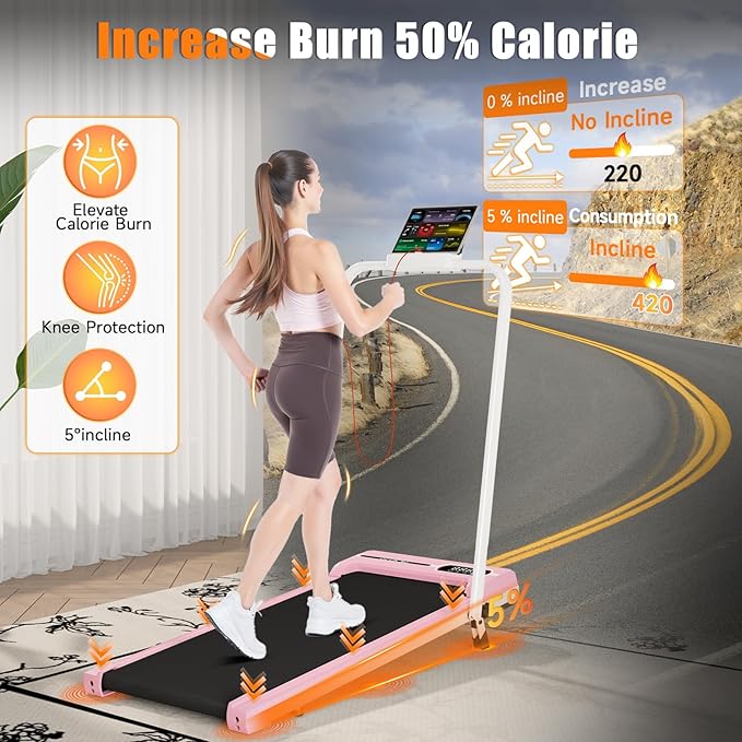 Incline Walking Pad with Handle Bar, Folding Treadmill Foldable Portable Under Desk for Home Office, Ultra Quiet <45dB, Safety Lock, 300+ LB Capacity-StrideForce Fitness